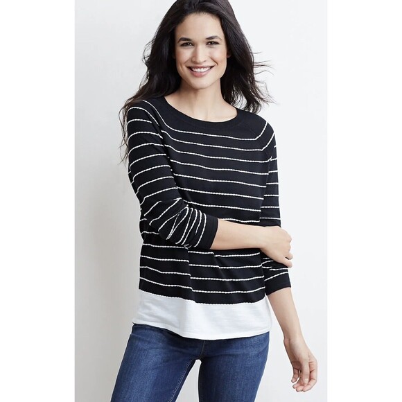 J. Jill Women's Size L Black/White Textured Striped Lightweight Sweater - Picture 1 of 14
